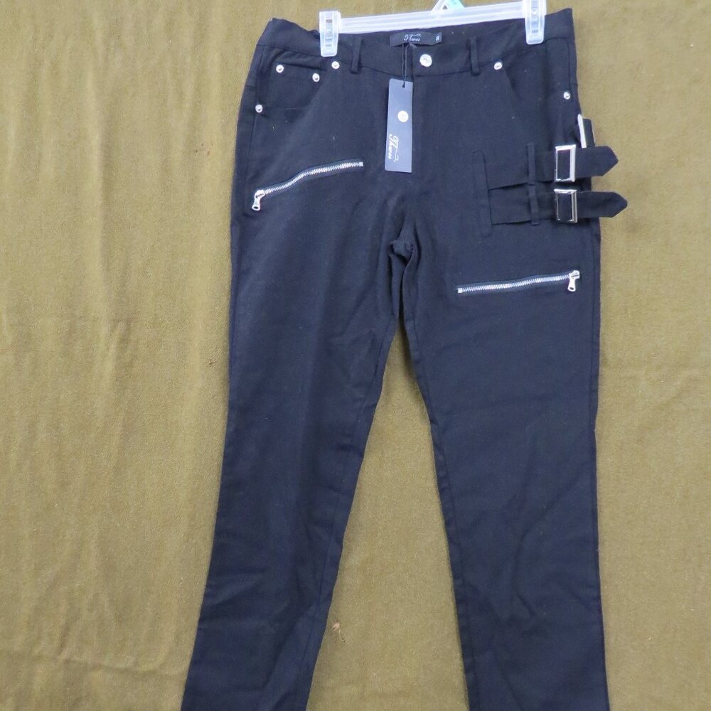 Thwei Men's Black Cotton Pants 32x29 Straight Leg Zipper & Belt Accents